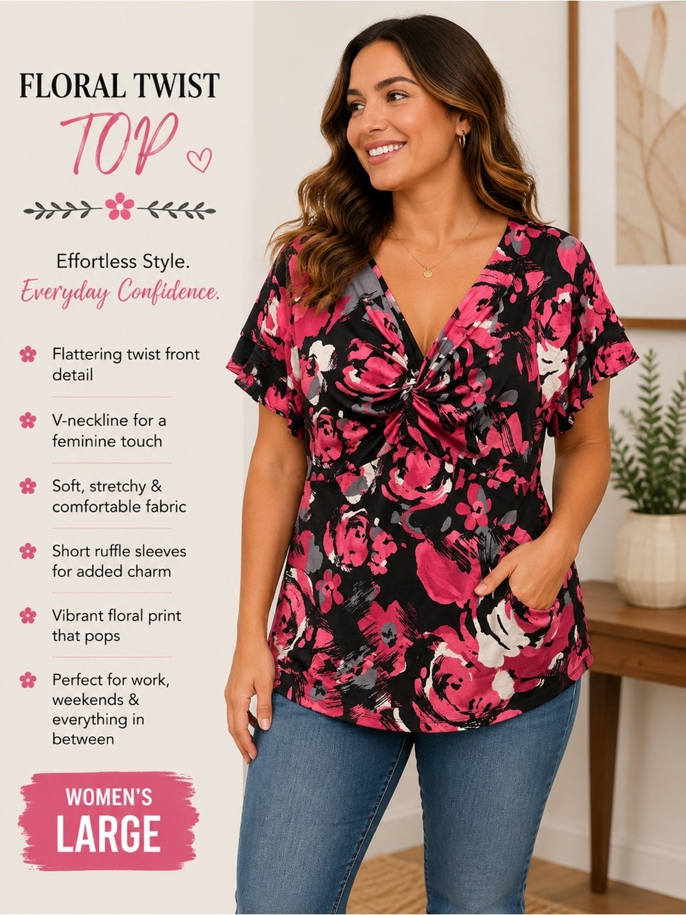 Style & Co. Floral Knot-Front Blouse in Pink, Black & White LARGE